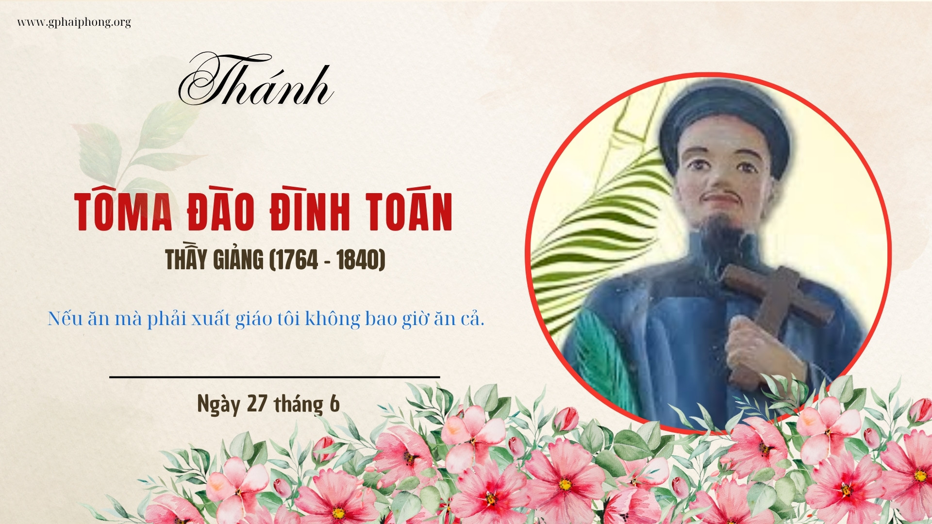 Thánh Tôma Đào Đình Toán, tử đạo ngày 27 tháng 06 năm 1840